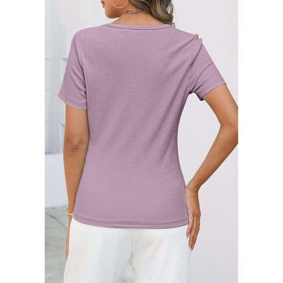 Women's Summer V Neck Ribbed Knit Short Sleeve Blouse Casual Top - Picture 2 of 8